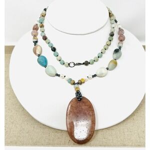 Sterling Silver Multi Gemstone Strawberry Quartz Pearl Beaded Necklace Boho